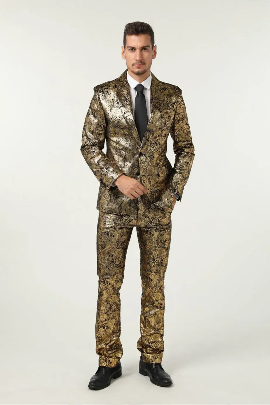 Front view of men's gold paisley velvet 3 piece suit – brocade slim fit prom tuxedo with baroque pattern and black tie