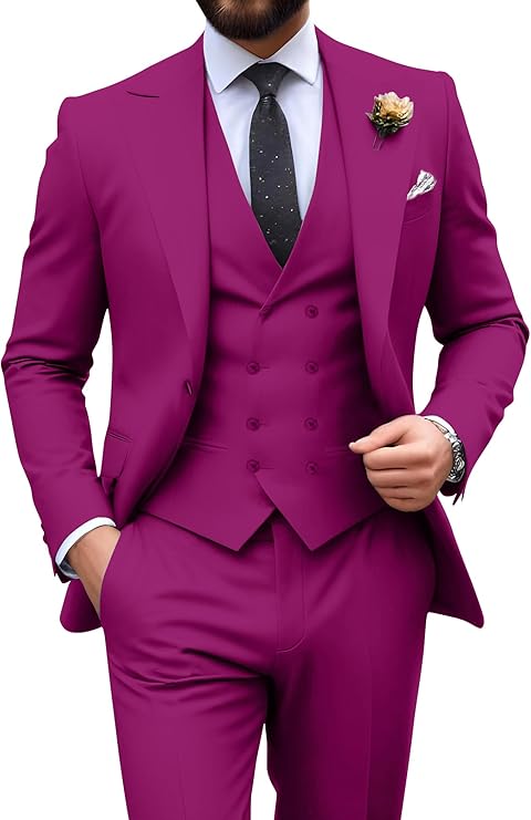 fuchsia slim fit 3 piece groom suit with peak lapel blazer, double breasted vest and pants for modern wedding style