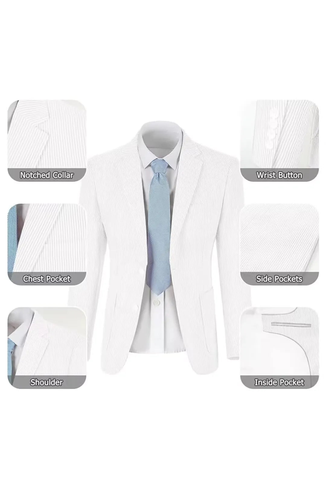 Full white seersucker blazer displaying its pockets, lapels, and breathable fabric texture for summer.
