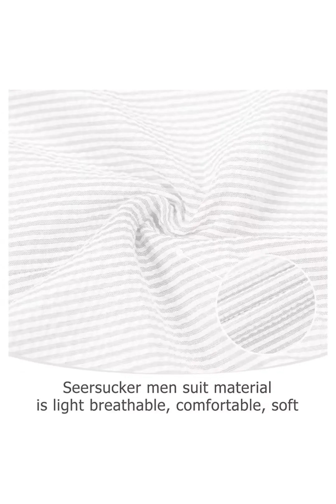 Close-up of full white seersucker fabric texture with soft stripes, offering breathability and comfort.