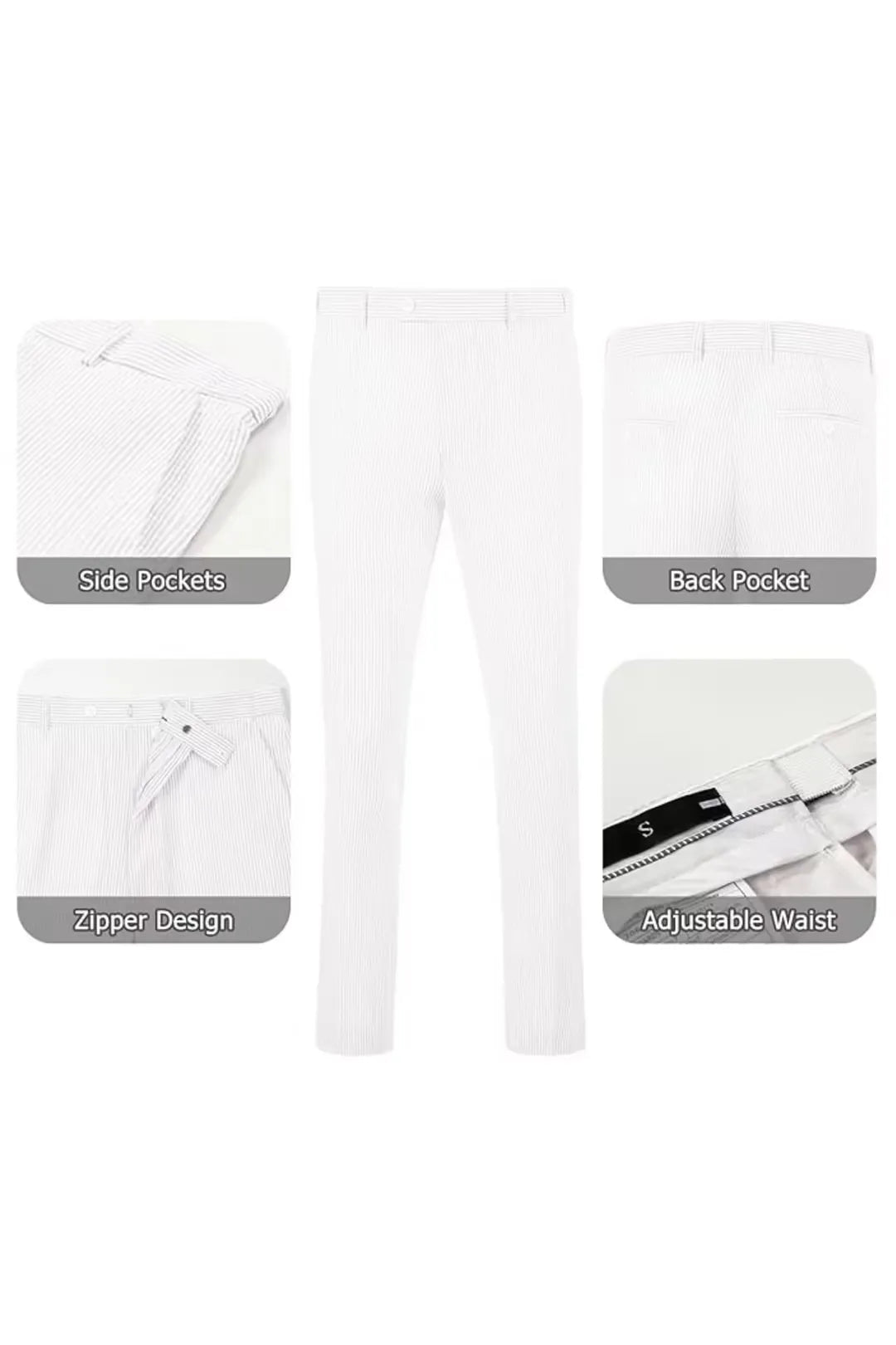 Full white striped seersucker pants with adjustable waist and zipper, designed for comfortable summer wear.