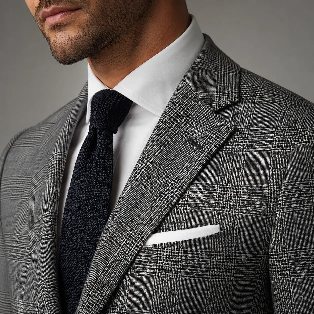 Close-up of a men's grey glen plaid suit showing classic check pattern and tailored details.