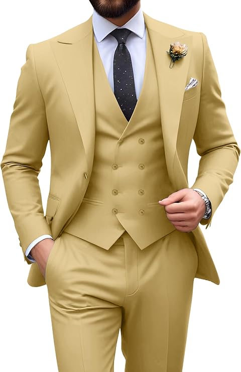 gold slim fit 3 piece groom suit with peak lapel blazer, double breasted vest and pants for modern wedding style