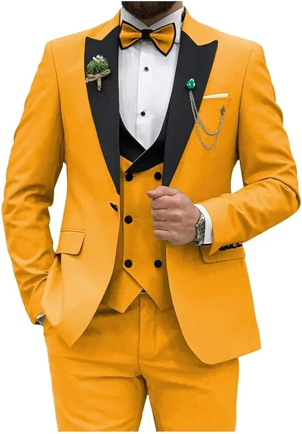 gold double breasted 3 piece suit with black lapel – front view