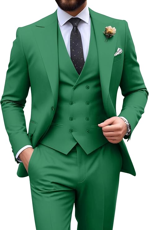 Men’s green tuxedo set with tailored fit blazer, formal vest, and dress pants – ideal for casual weddings or prom