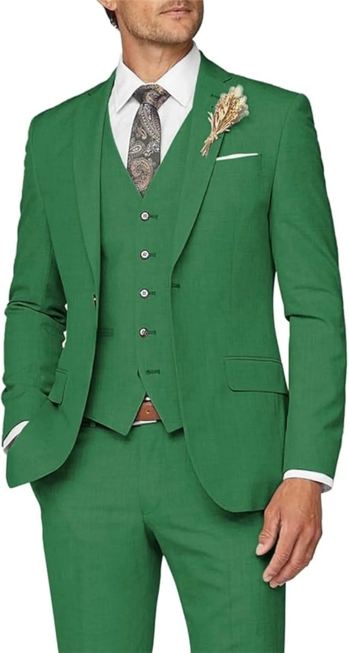 green 3 piece suit for men: formal wedding prom outfit with slim blazer, vest, trousers & lapel flower
