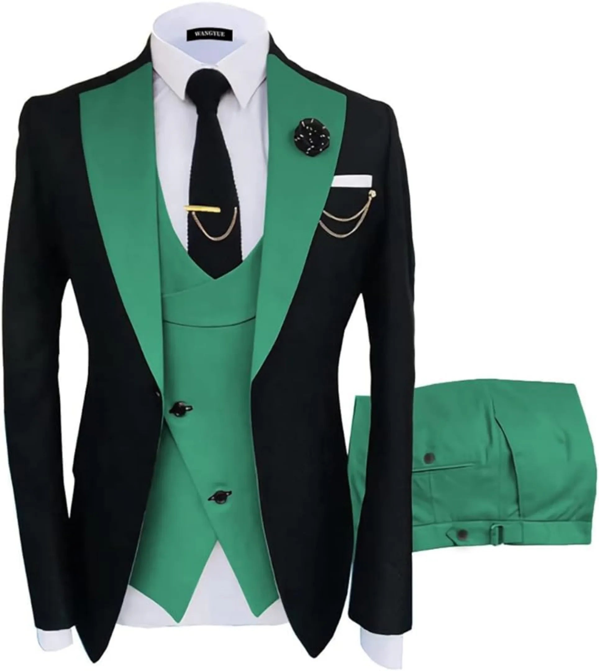green and black 3 piece men's suit: black blazer with green satin lapel, cross green vest, gold chain, lapel pin and white pocket square