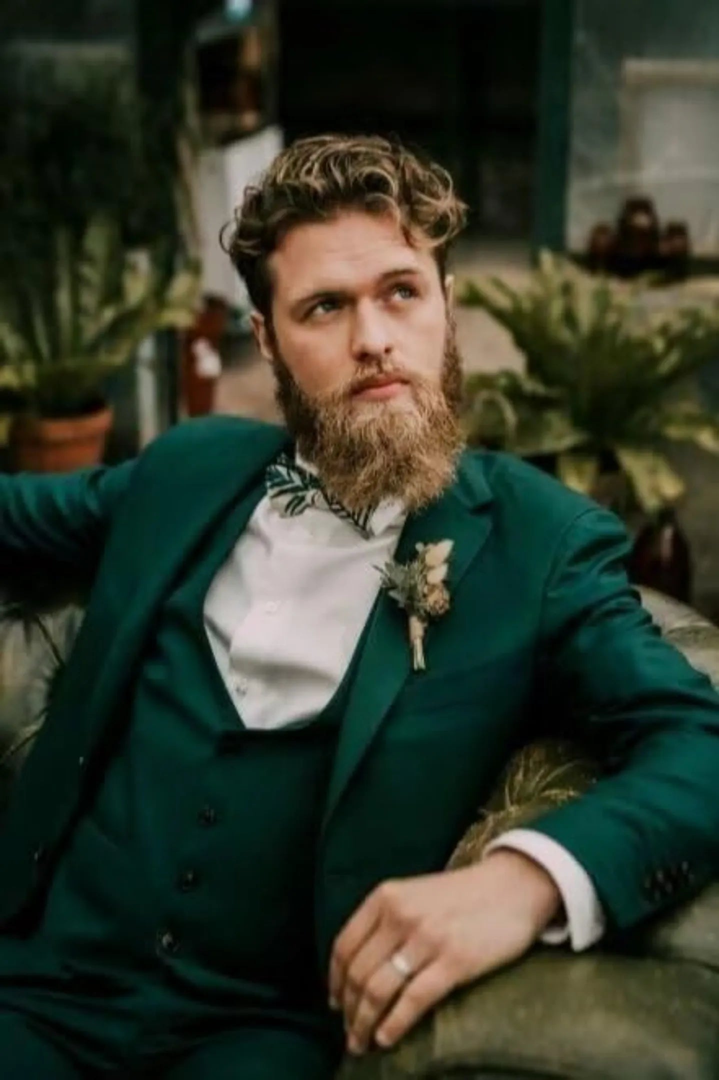 bearded groom in green groomsmen suit with boutonniere – rustic wedding outfit with tailored vest