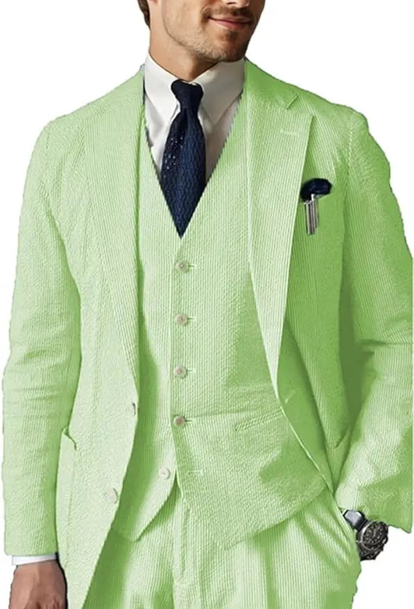 Green seersucker wedding suit for men – 3 piece summer blazer vest set