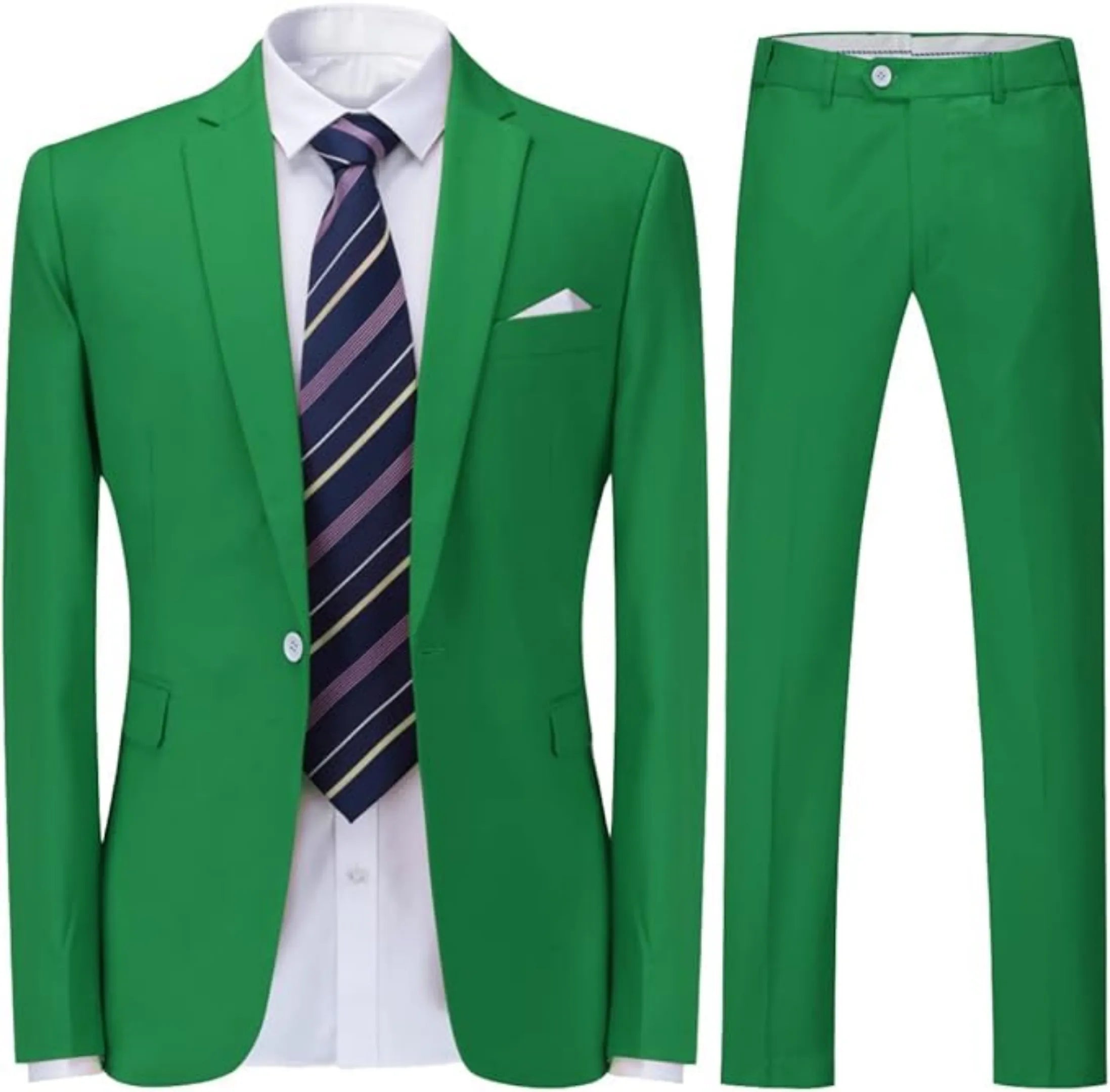 front view of men's green single-breasted one button suit, featuring a tailored blazer, striped tie, and matching trousers.