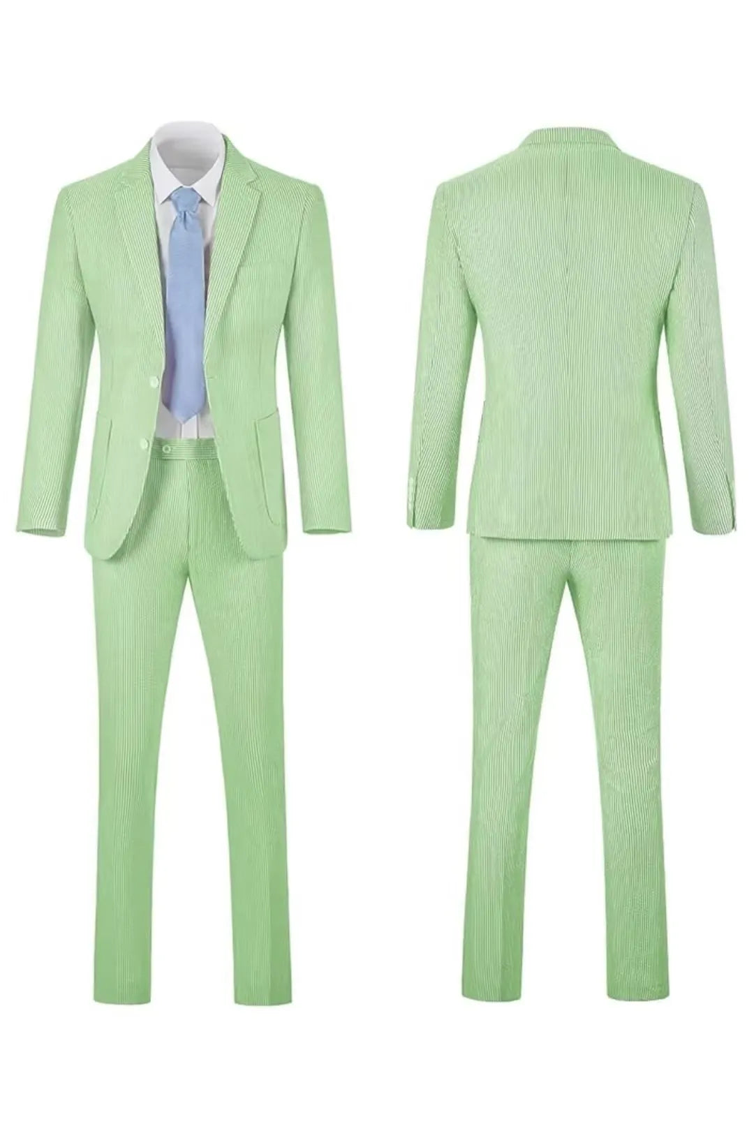 Full front and back view of a men's green-and-white striped seersucker blazer set, designed for summer.