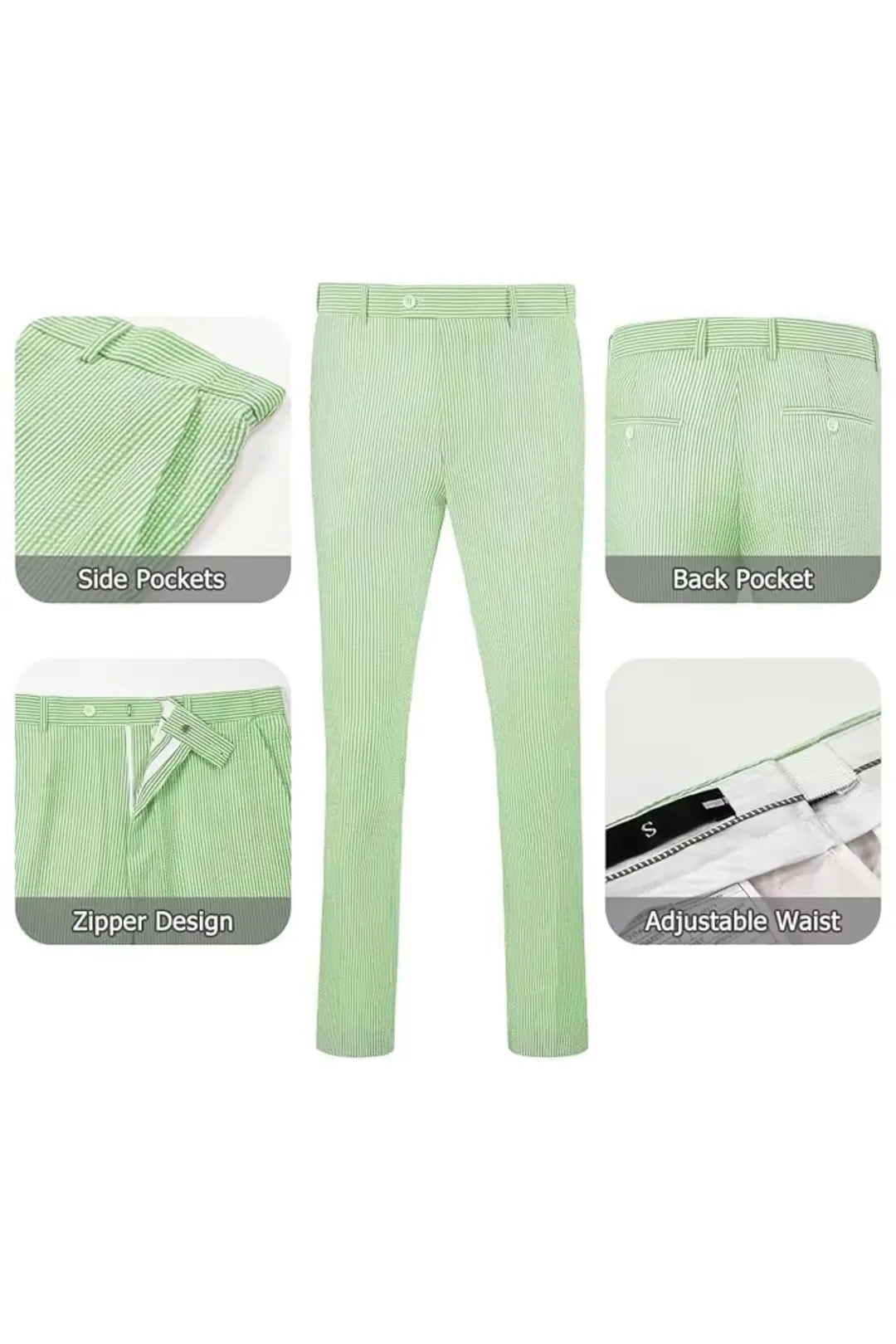 Green-and-white striped seersucker pants with adjustable waist and zipper for a perfect summer fit.