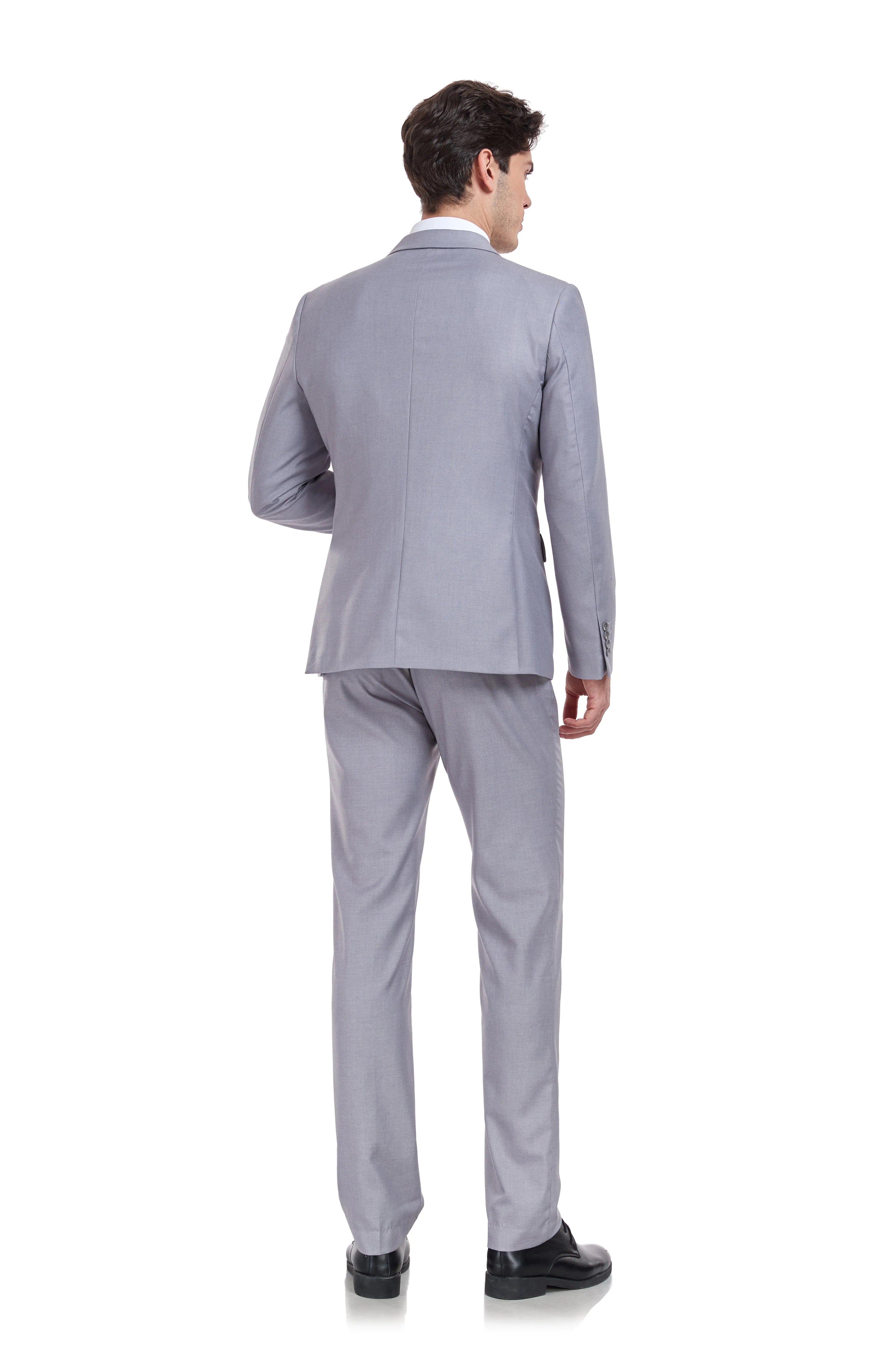 back view of grey 3 piece men's suit showing tailored silhouette and slim fit cut