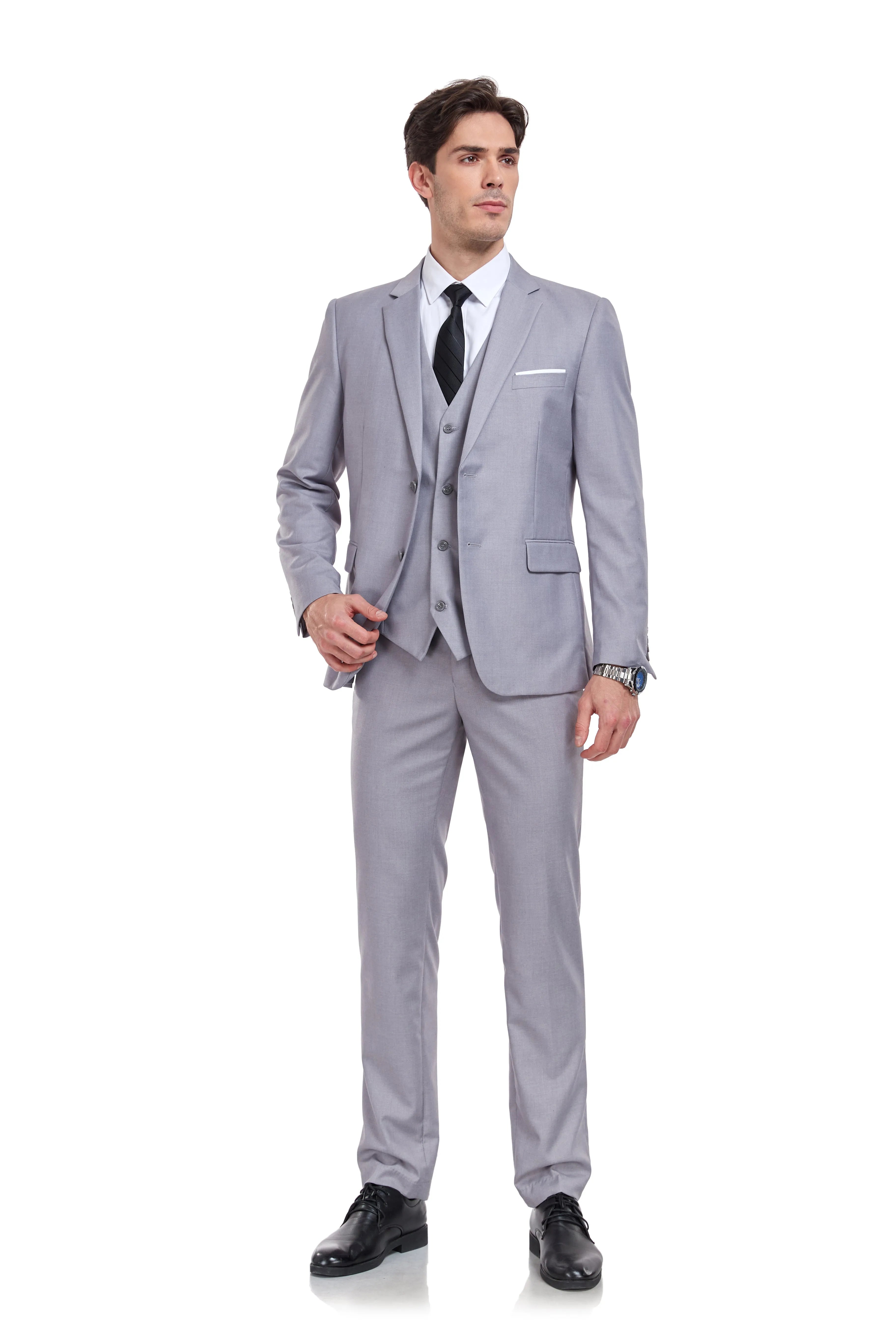 front view of grey two button 3 piece men's suit with blazer, vest, and trousers – slim fit wedding style