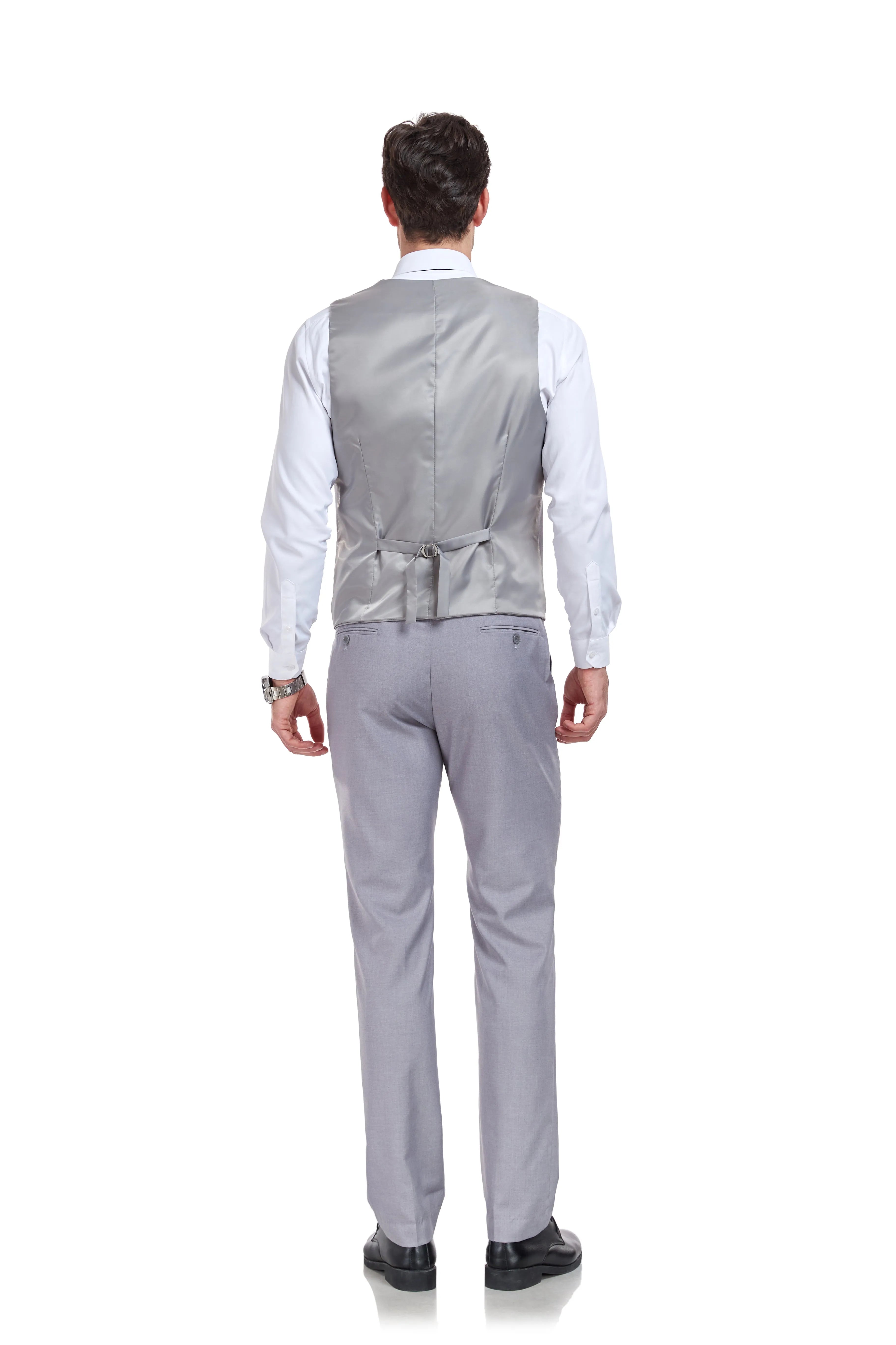 grey tuxedo-inspired 3 piece men's suit with notch lapel blazer, tie, and pocket square
