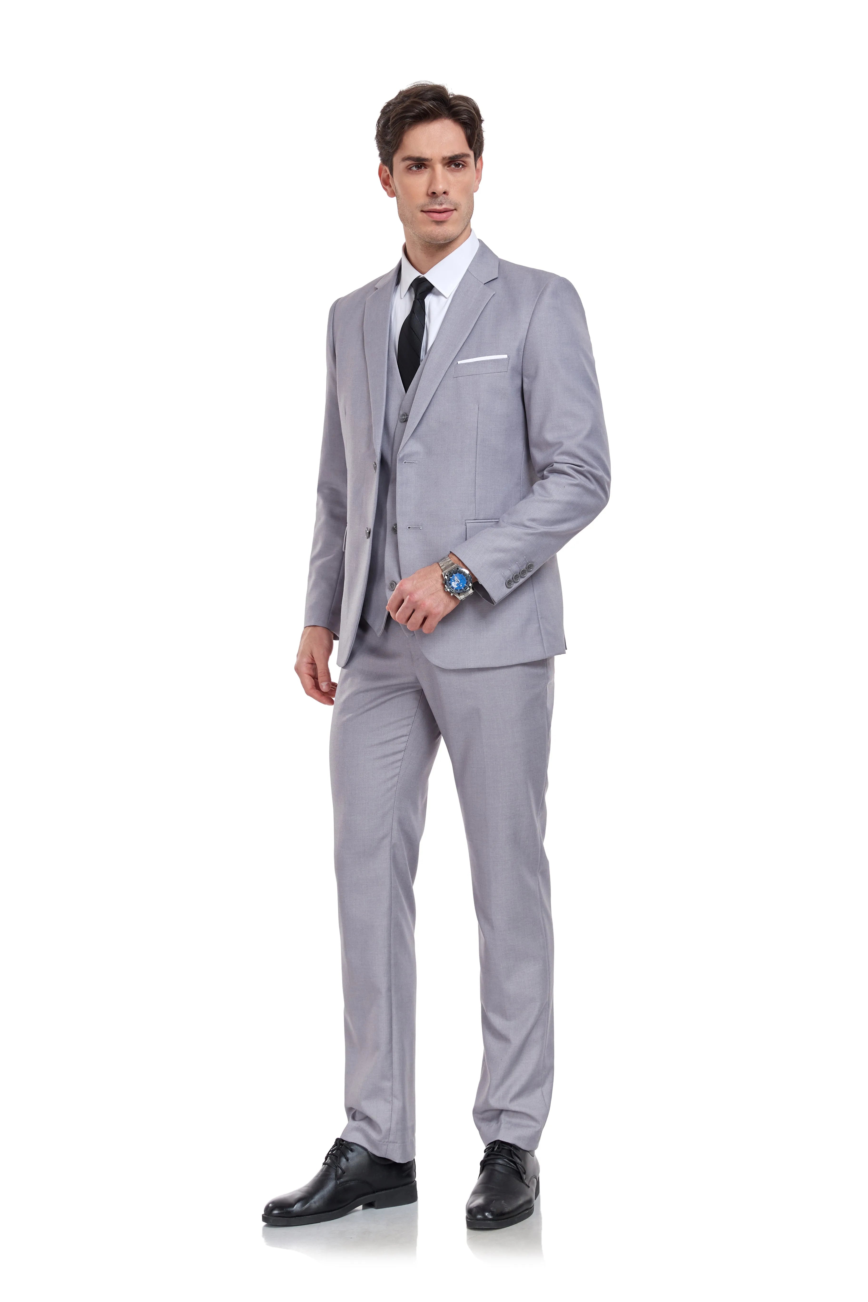 grey 3 piece men's suit featuring blazer, waistcoat, and pants – formal wedding attire for men