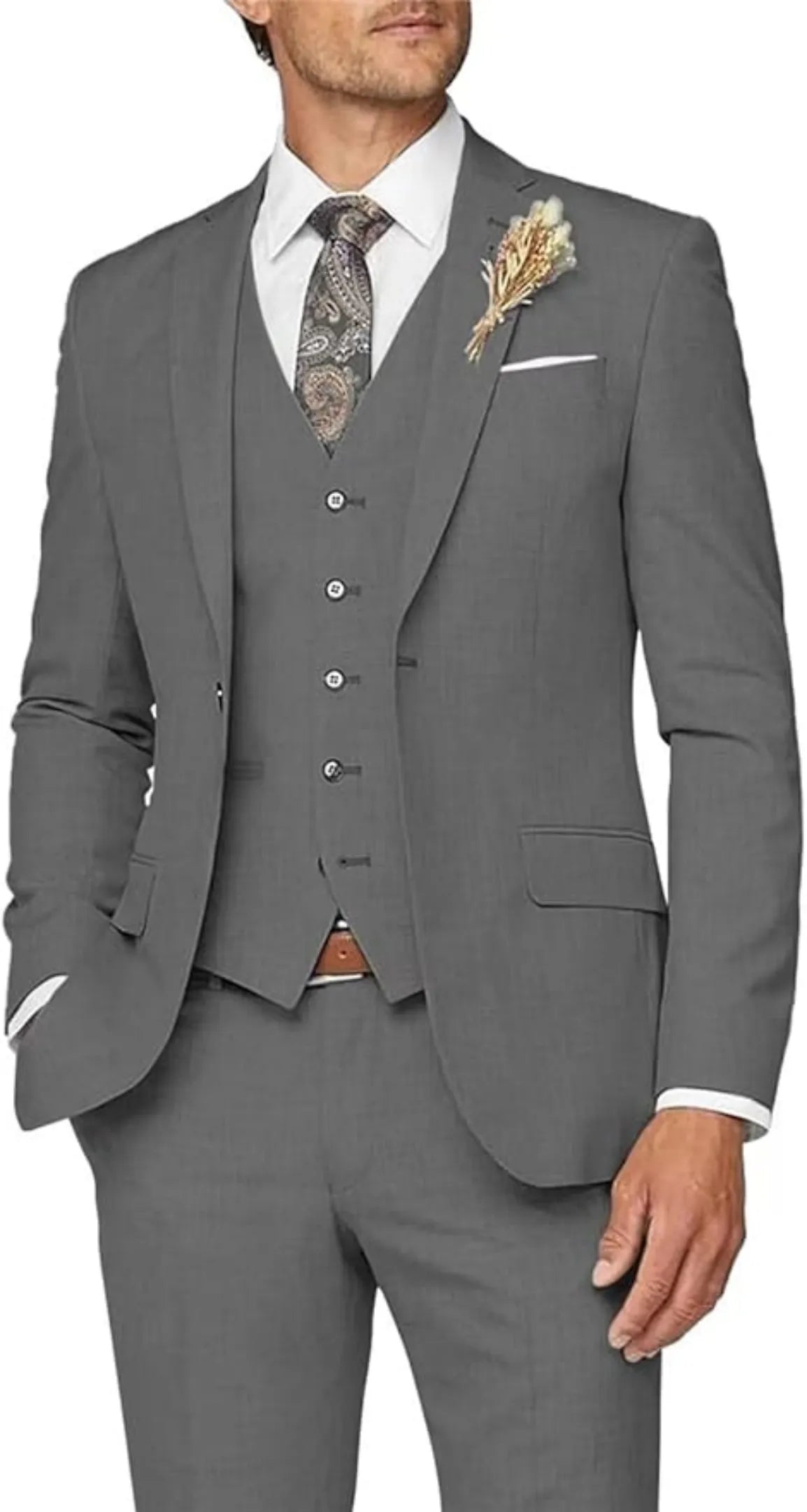 grey 3 piece suit for men: formal wedding prom outfit with slim blazer, vest, trousers & lapel flower