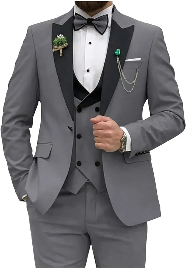 grey double breasted 3 piece suit with black lapel – front view