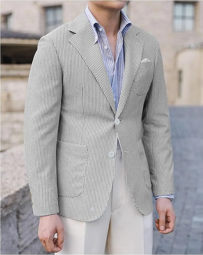 Men's grey seersucker summer blazer styled with dress pants – breathable and tailored look