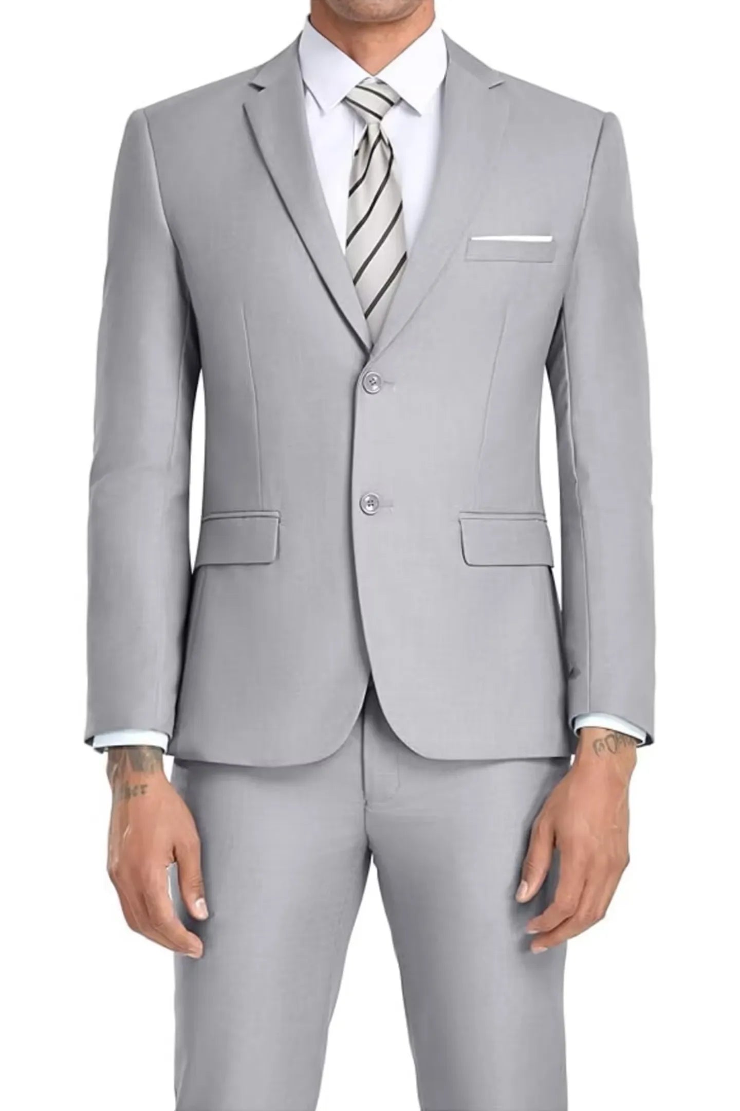 grey slim fit 2 piece men's suit with two-button blazer and striped tie, offering business-ready formalwear suitable for office or corporate events.