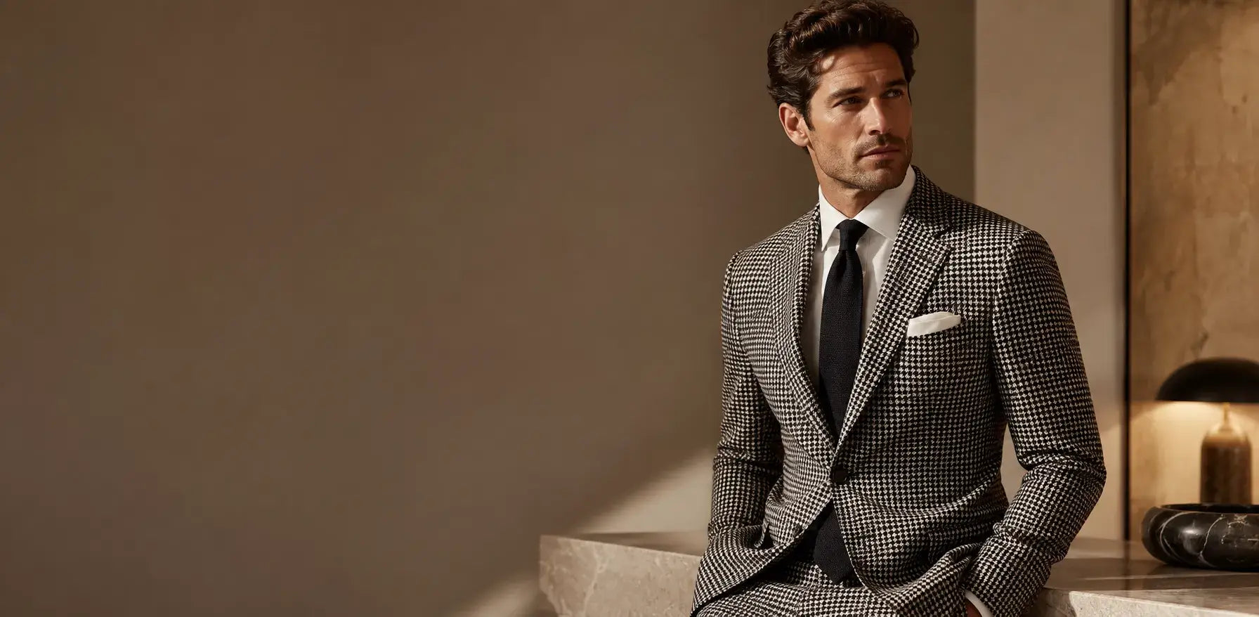 Male model wearing a tailored houndstooth suit with a white shirt and dark tie in a luxury editorial setting.