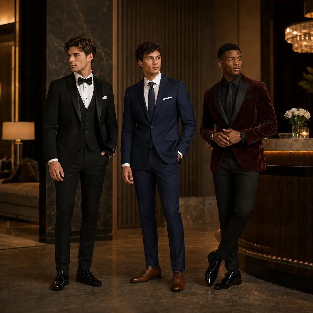 Three men wearing classic, modern slim-fit, and burgundy velvet prom suits in an upscale indoor lounge, showing dress code, color, fit, and accessories inspiration.