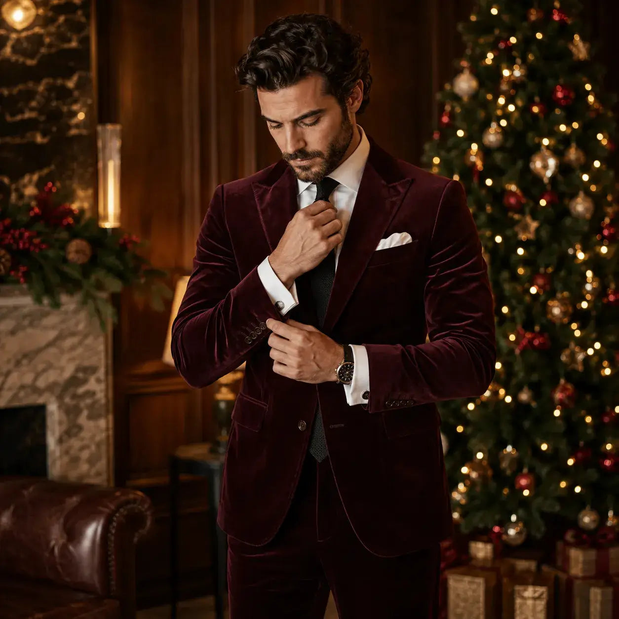 How to style a Christmas suit for men featuring a burgundy velvet suit, black tie, white dress shirt, pocket square, and polished accessories.