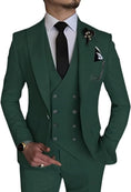Load image into Gallery viewer, front view of men's hunt green double-breasted one-button 3 piece suit with slim blazer, vest and trousers for formal wedding attire