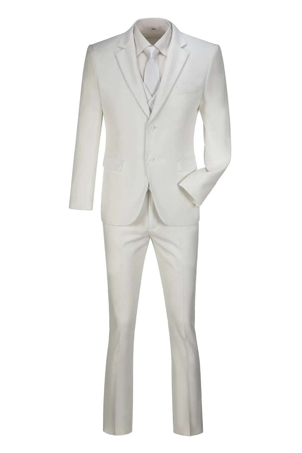 Ivory slim fit 3 piece men's suit – two button blazer, vest, and trousers set on mannequin