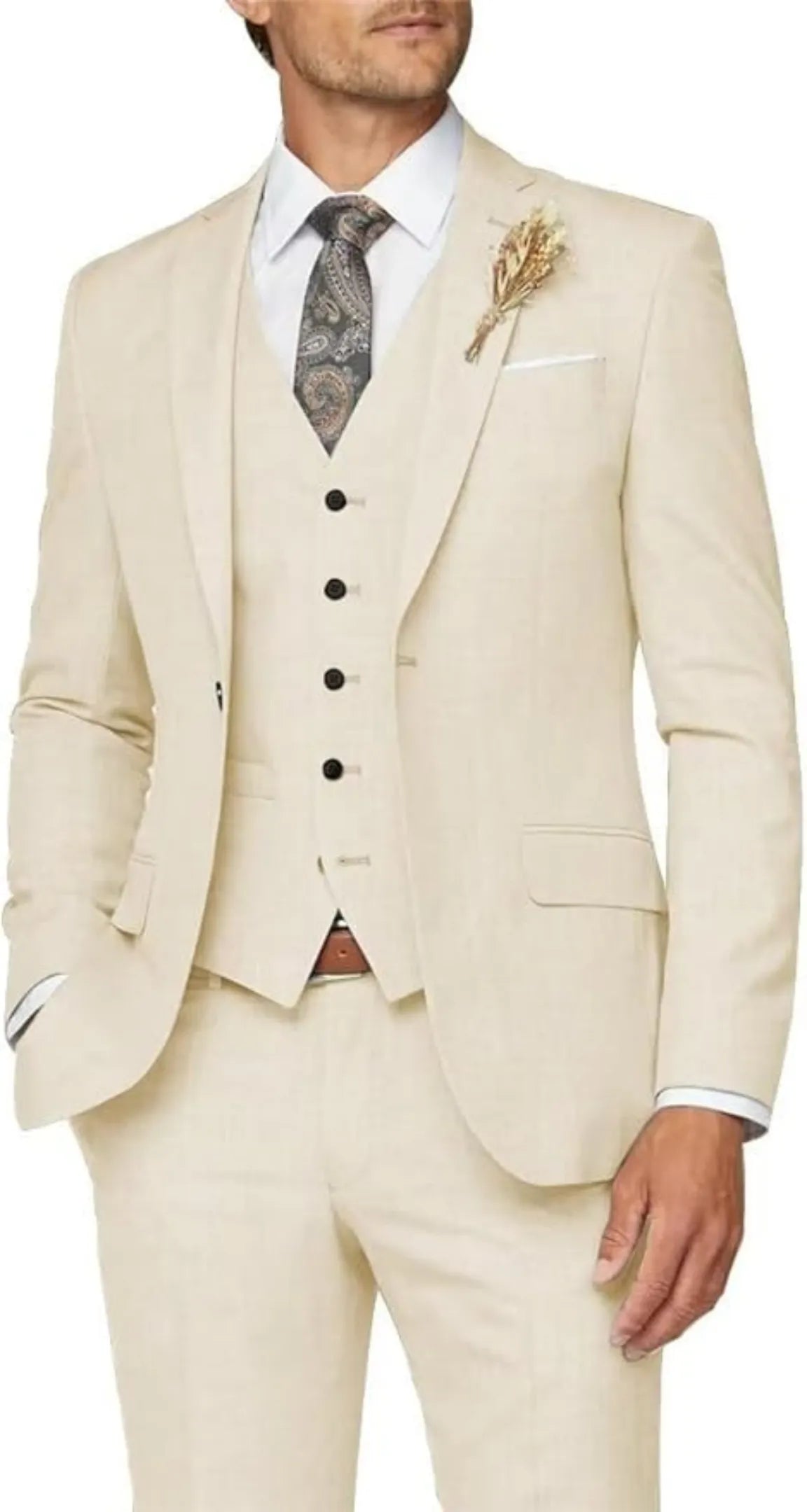 ivory 3 piece suit for men: formal wedding prom outfit with slim blazer, vest, trousers & lapel flower