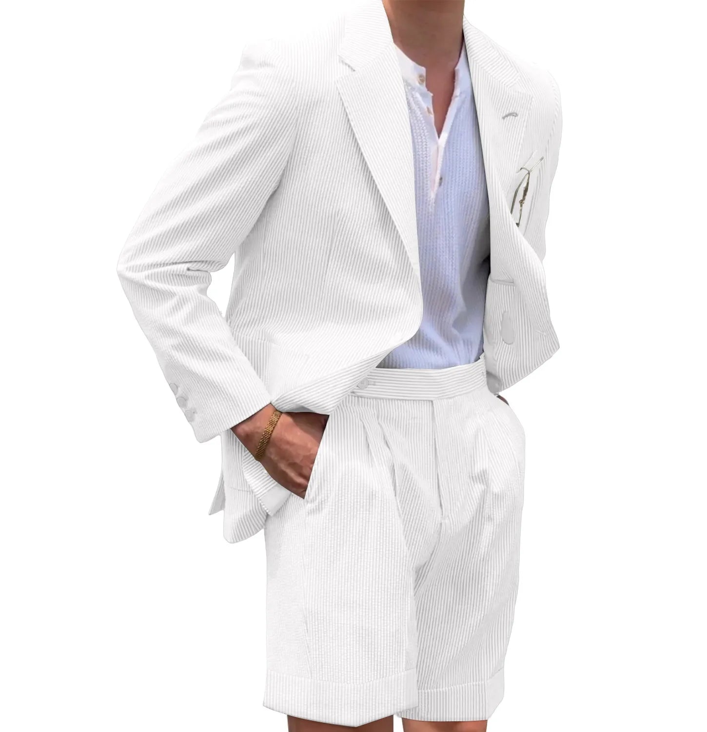 Men's ivory seersucker blazer and shorts set – lightweight striped summer 2 piece suit