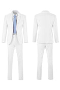 Load image into Gallery viewer, Front and back view of a men's ivory white striped seersucker blazer set, perfect for the summer season.