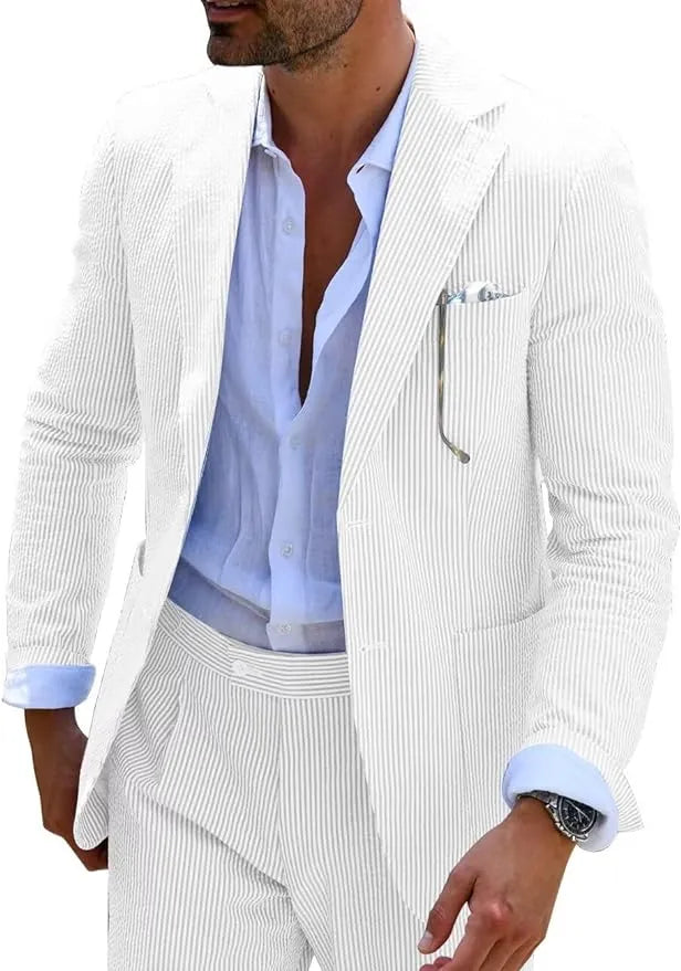 Ivory white striped seersucker blazer styled with a summer shirt, perfect for a light, fresh look.