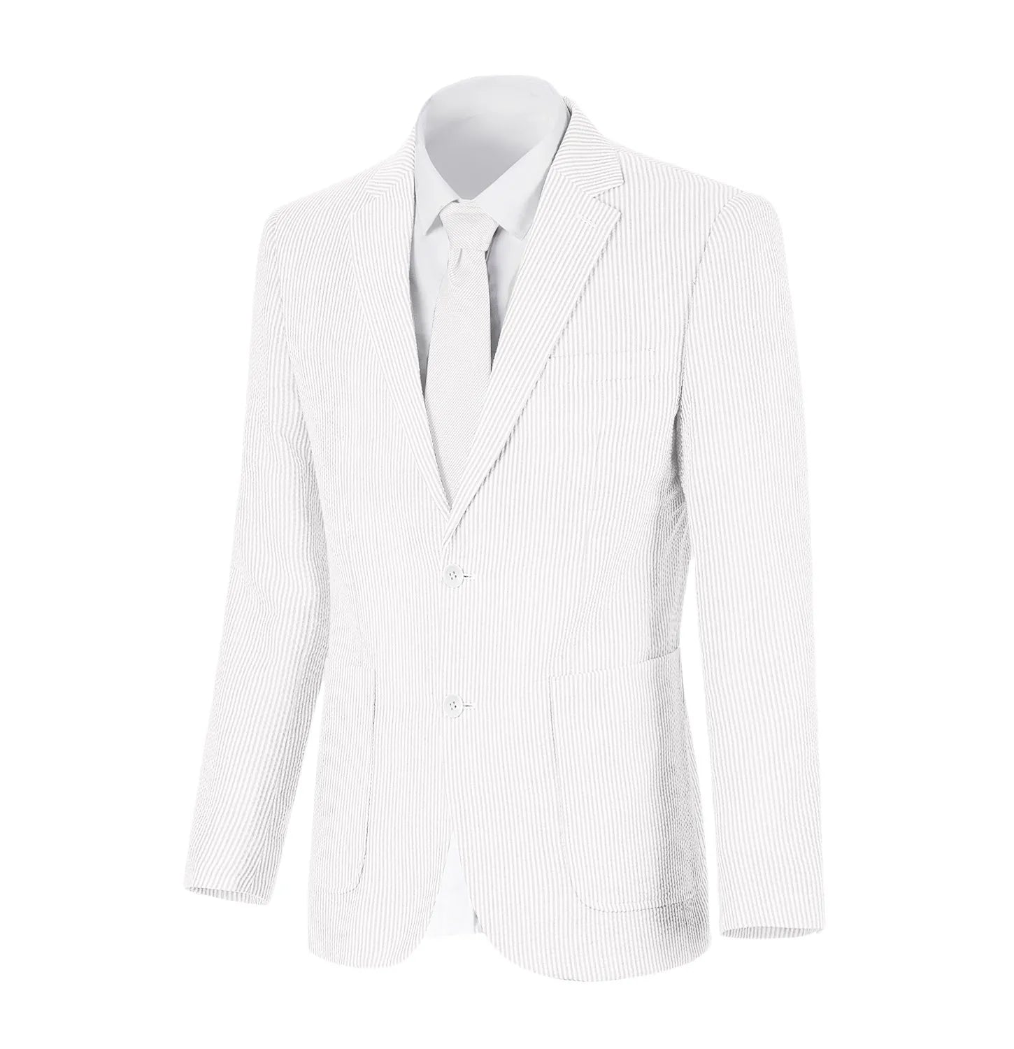 Ivory-white striped seersucker blazer with notch lapel and front button detail for a clean summer look.