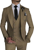 Load image into Gallery viewer, front view of khaki double-breasted one-button 3-piece men's suit – includes blazer, vest, and slim-fit trousers with black tie.
