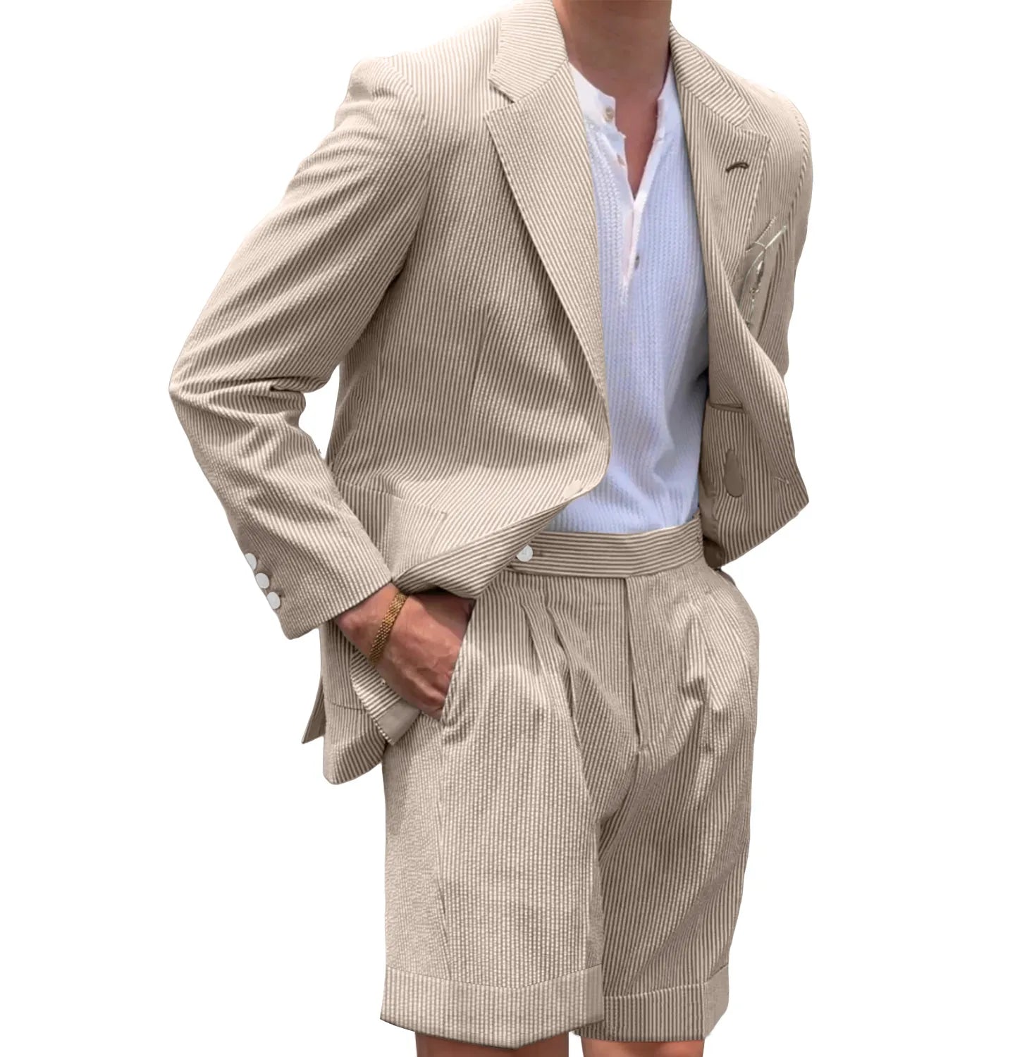 Khaki striped seersucker shorts suit for men – casual 2 piece summer outfit with blazer