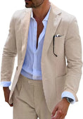 Load image into Gallery viewer, Close-up view of men's khaki-and-white striped seersucker blazer with refined lapels and design.