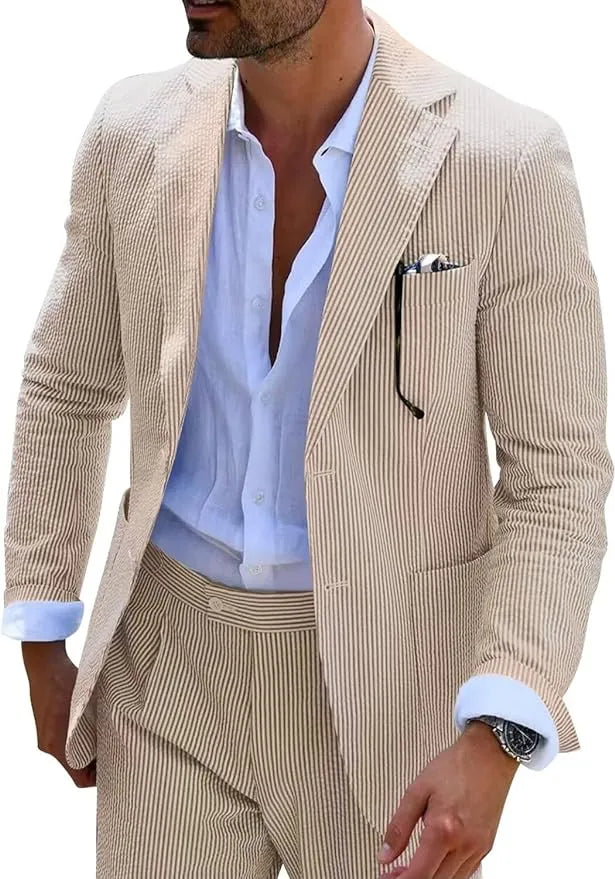 Close-up view of men's khaki-and-white striped seersucker blazer with refined lapels and design.