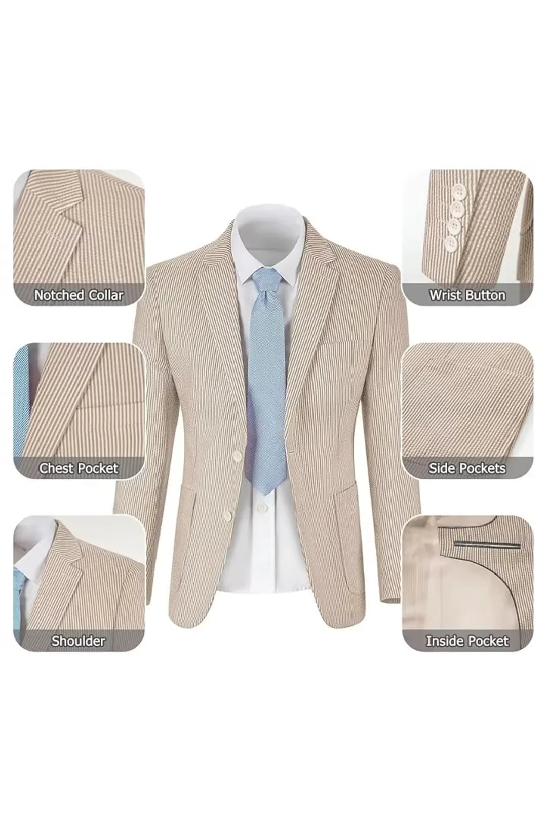 Khaki-and-white seersucker blazer showing pockets, lapels, and a soft, breathable texture for summer wear.