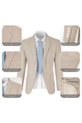 Load image into Gallery viewer, Khaki-and-white seersucker blazer showing pockets, lapels, and a soft, breathable texture for summer wear.