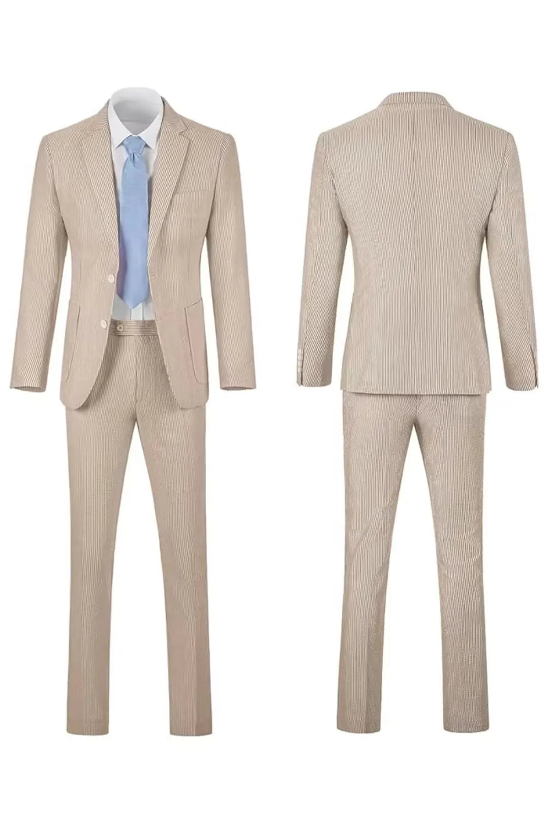 Full front and back view of a men's khaki-and-white striped seersucker blazer set, ideal for summer events.