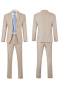 Load image into Gallery viewer, Full front and back view of a men's khaki-and-white striped seersucker blazer set, ideal for summer events.