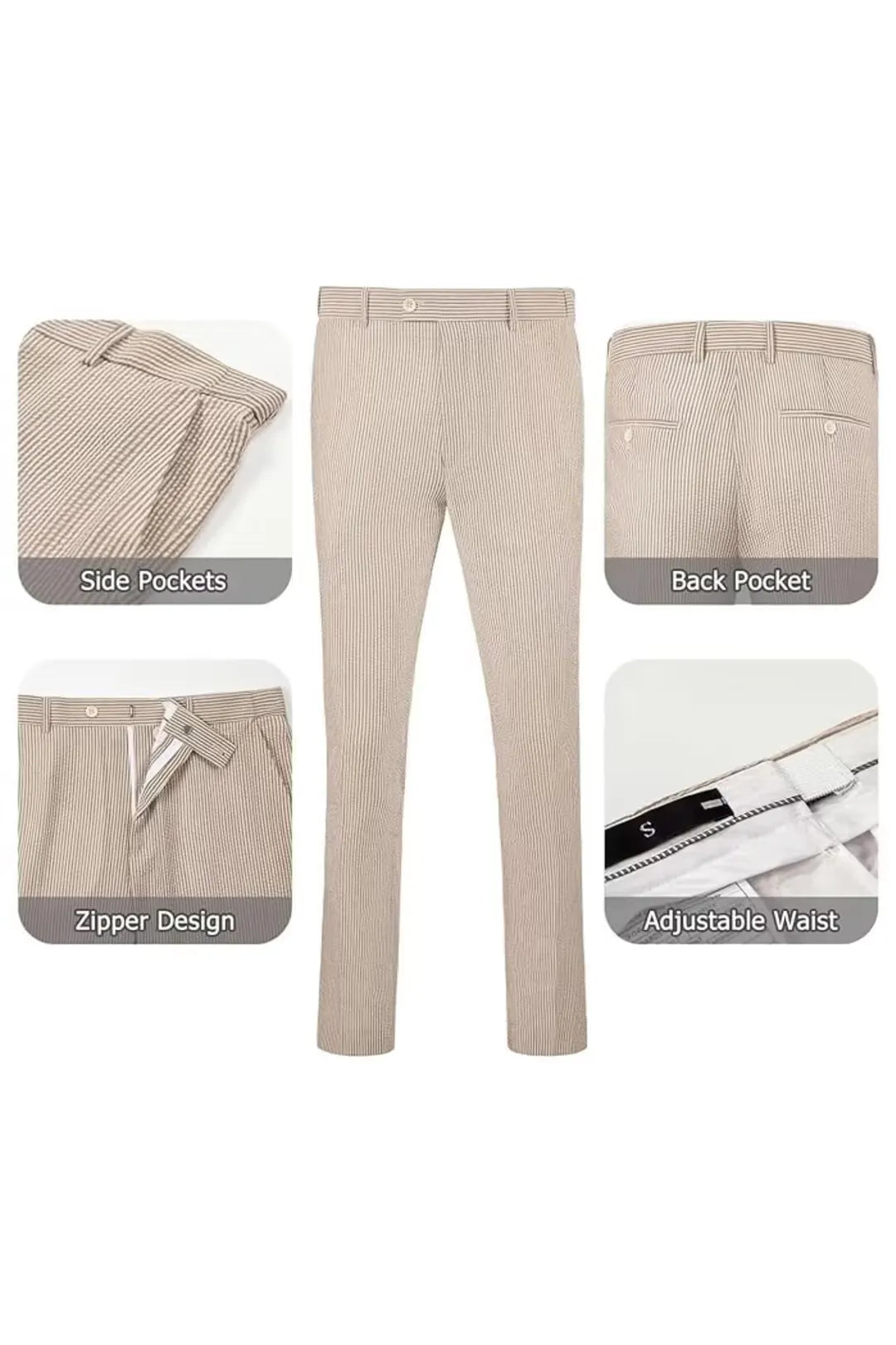 Khaki-and-white striped seersucker pants with adjustable waist and zipper for a comfortable, flexible fit.