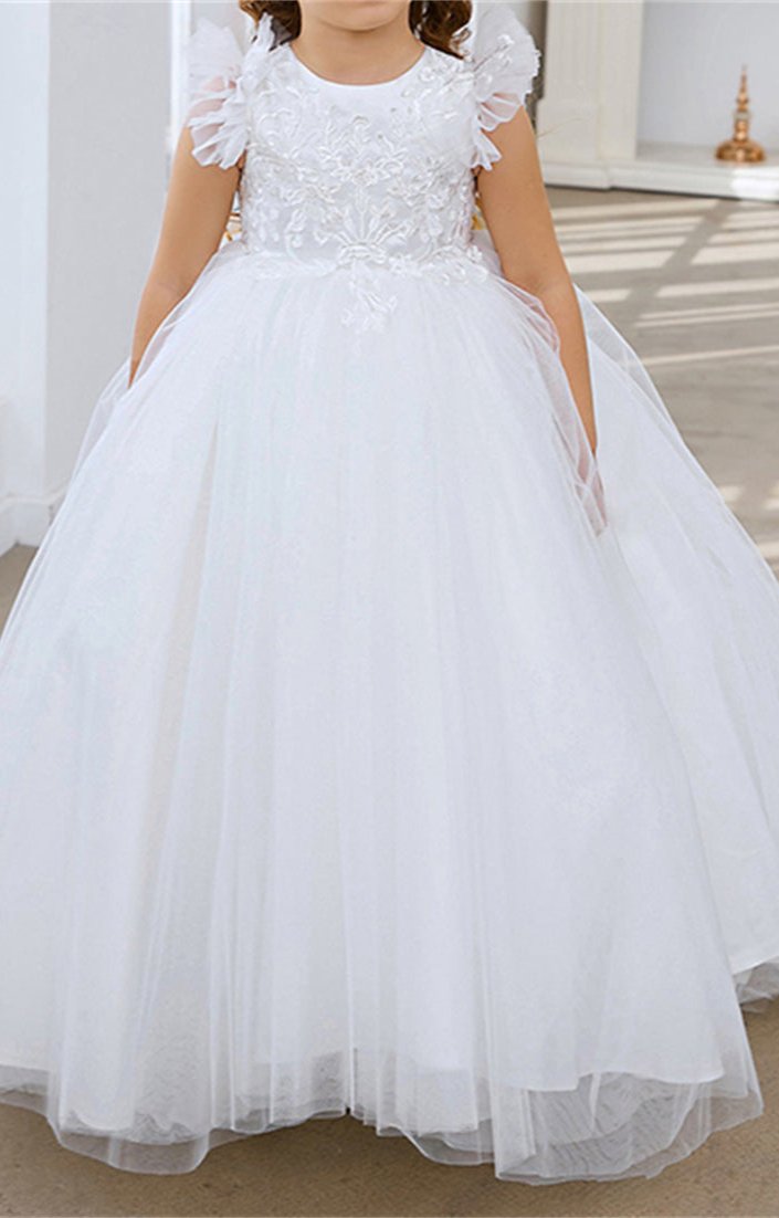 Elegant lace applique flower girl dress by Wehilion with sheer sleeves and a flowing tulle skirt