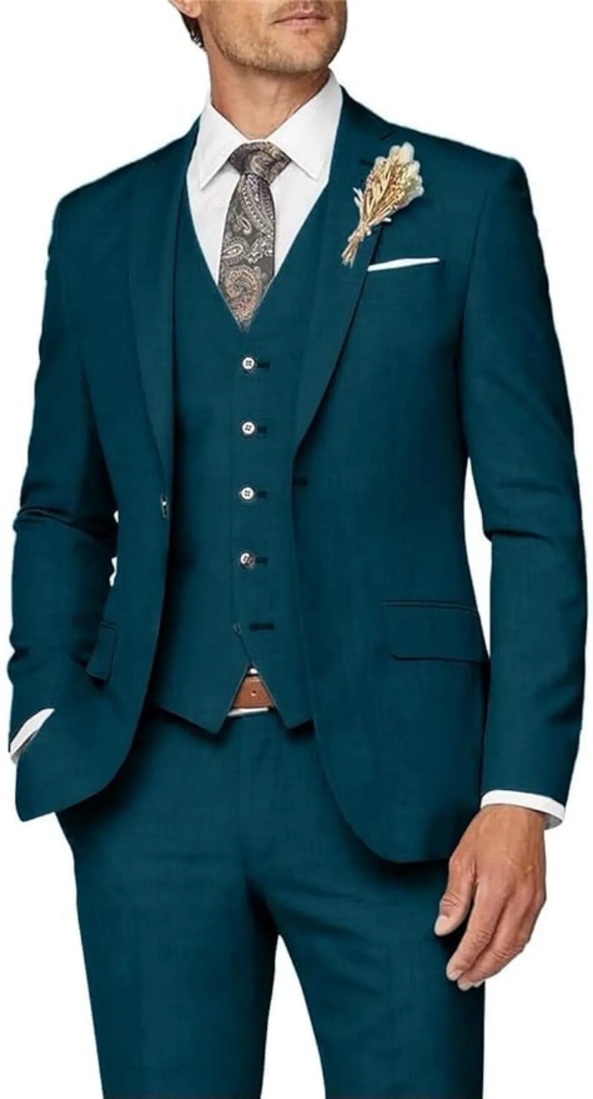 formal business wedding groom prom party 3 piece men's suit - lake blue slim fit with paisley tie & floral lapel pin