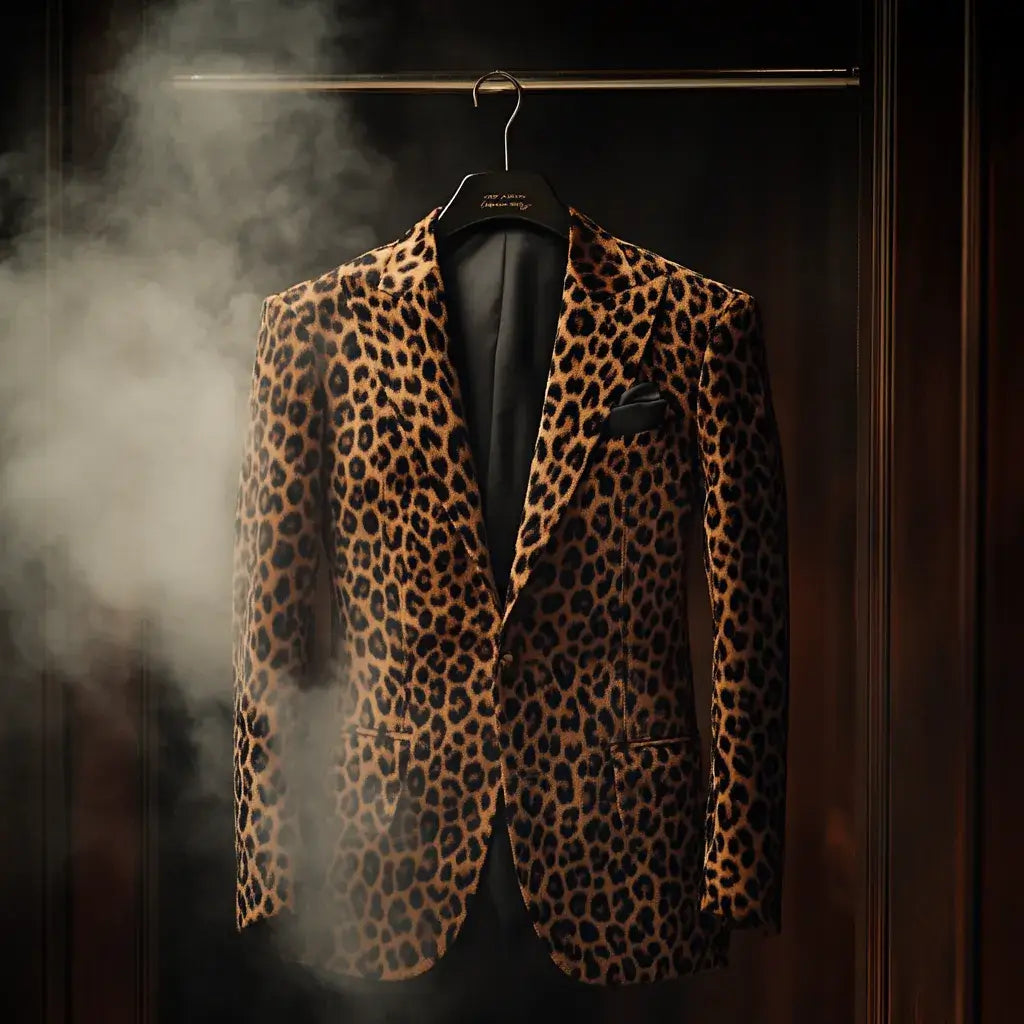 A leopard print suit hanging neatly in a wardrobe with soft steam, showing proper storage and care for the jacket.