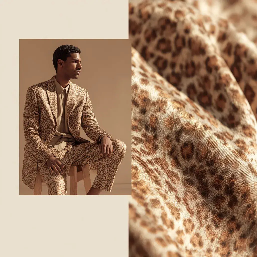 Luxury menswear editorial collage featuring a seated model in a leopard print suit with a soft fabric close-up, emphasizing comfort, drape, and texture.