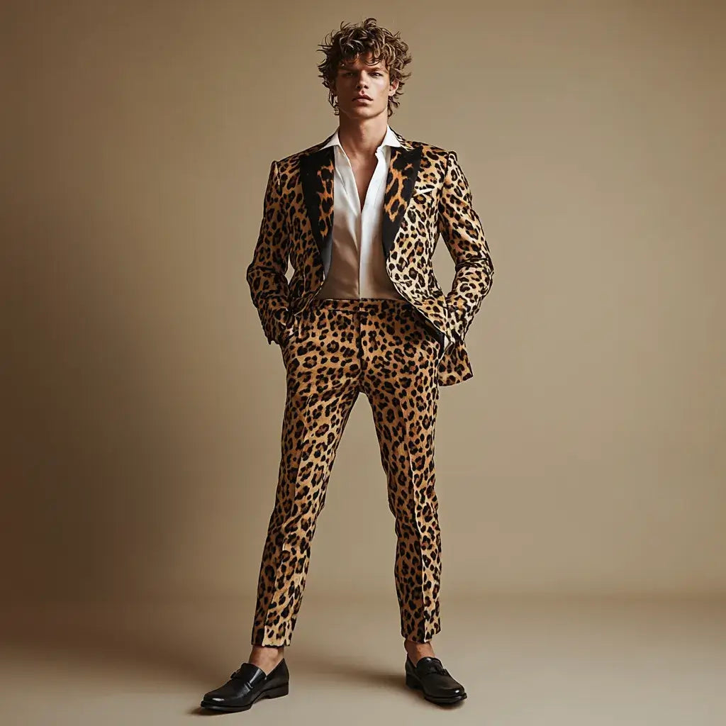 An adult male model wearing a tailored leopard print suit, full-body editorial shot in a soft studio setting, showing fit, sleeve length, and trouser break.