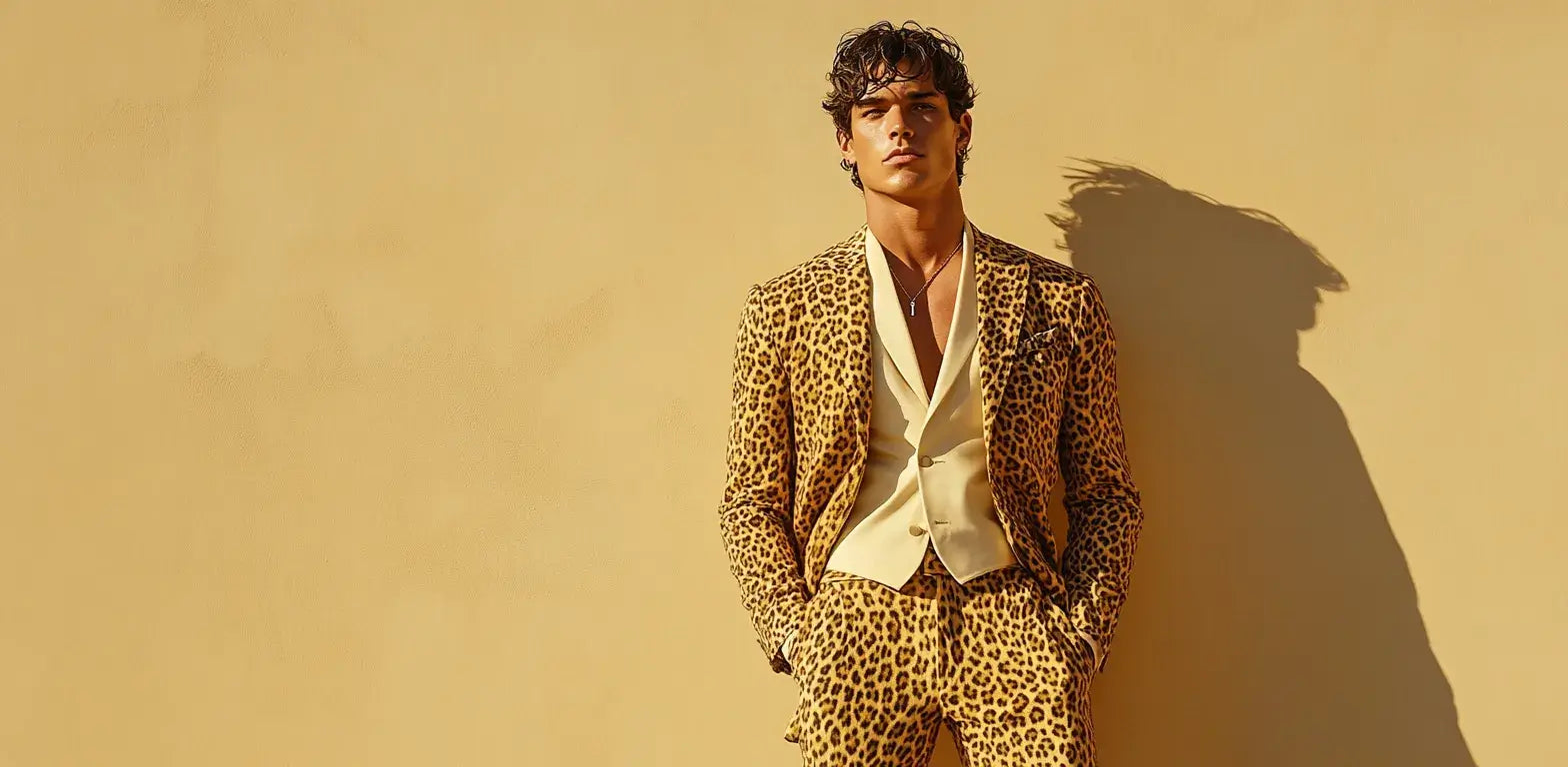 An adult male model wearing a tailored leopard print suit in a soft studio setting, shown as a full-body hero image for a men's styling guide.
