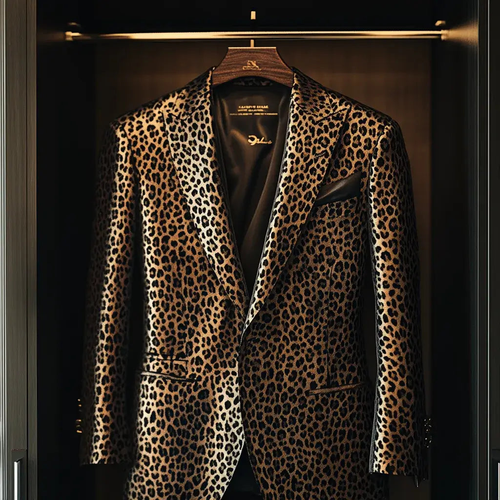 A leopard print suit neatly stored in a luxury wardrobe, shown as a refined reference for suit care and storage.